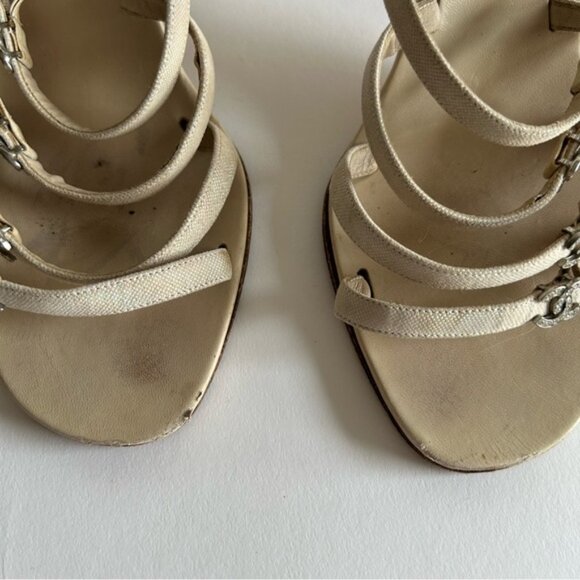 Rare Chanel Iconic "CC" Rhinestone Metallic Leather Sandal Heels size 40 - Picture 7 of 13